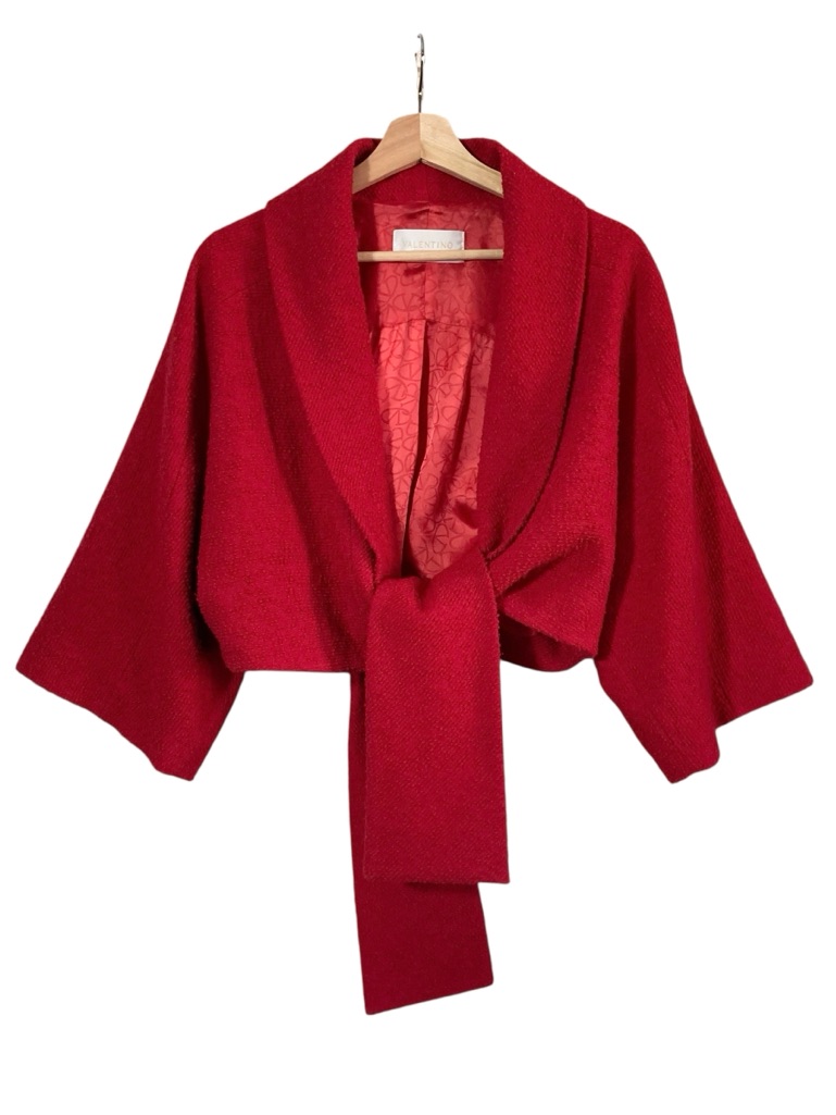 Valentino Roma Virgin Wool Evening Coat Cherry Red Shawl Collar Tie Front Eu40